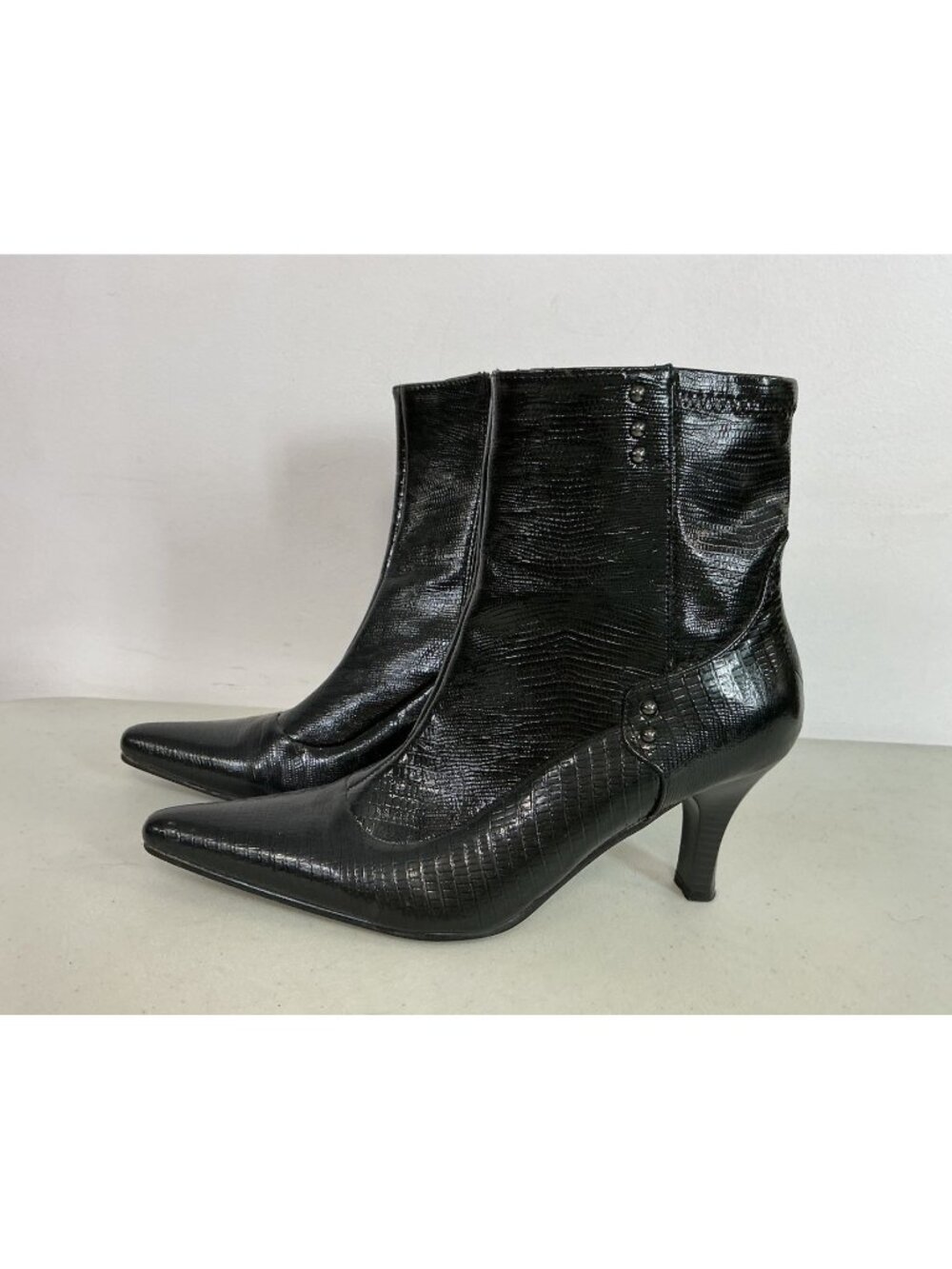 Pointed Toe Black Patent Leather Croc Heel Ankle Boots Womens 9